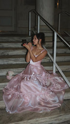 Sparkle Pink Organza A-Line Prom Dresses, Floor Length Evening Party Dress