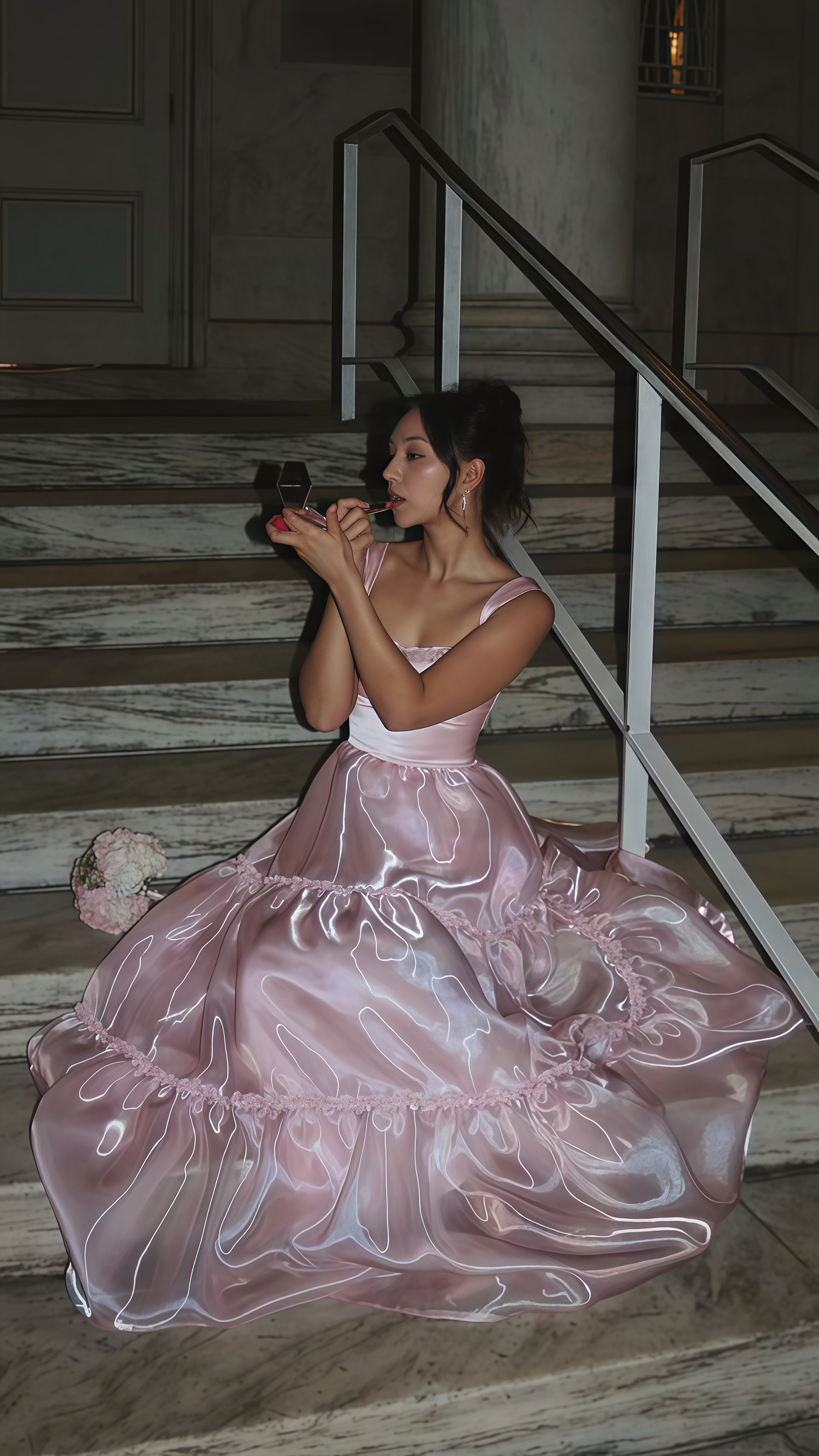 Sparkle Pink Organza A-Line Prom Dresses, Floor Length Evening Party Dress