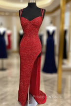 Sparkle Red Bodycon Sequined Long Formal Prom Dress