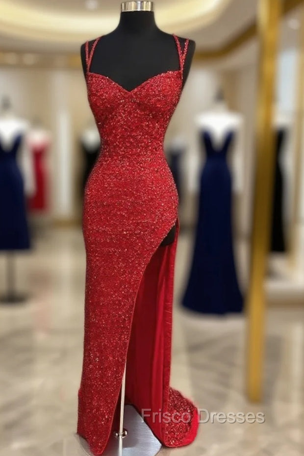 Sparkle Red Bodycon Sequined Long Formal Prom Dress
