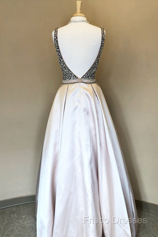 Sparkle Sequin Beaded V-Neck Long Satin Formal Prom Dress