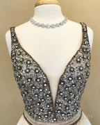Sparkle Sequin Beaded V-Neck Long Satin Formal Prom Dress