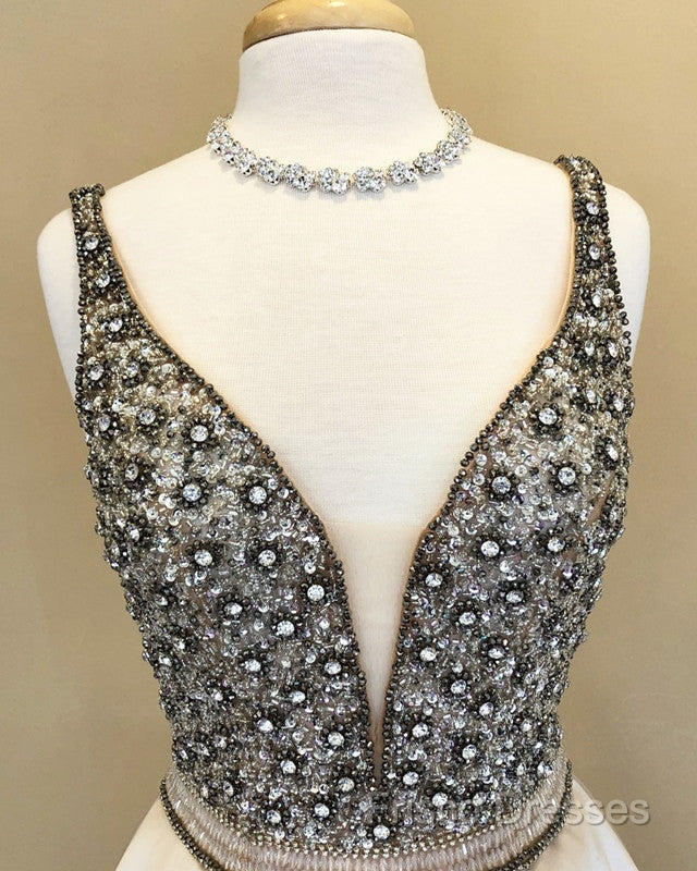 Sparkle Sequin Beaded V-Neck Long Satin Formal Prom Dress