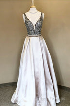 Sparkle Sequin Beaded V-Neck Long Satin Formal Prom Dress