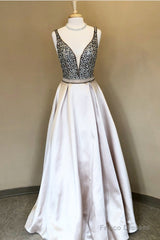 Sparkle Sequin Beaded V-Neck Long Satin Prom Dresses