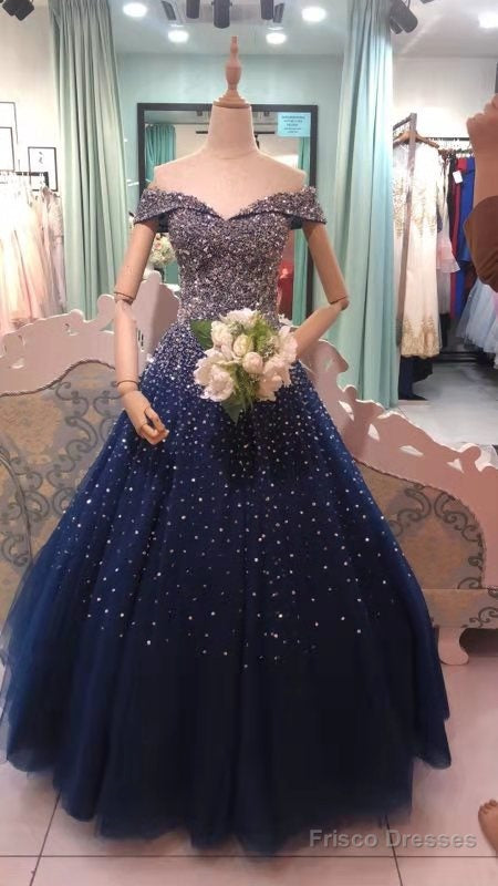 Sparkle Sequins Off Shoulder Tulle Long Prom Dress, Beautiful Sweet 16 Gown