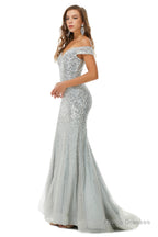Sparkle Silver Mermaid Beaded Cap Sleeves Off-The-Shoulder Prom Dresses