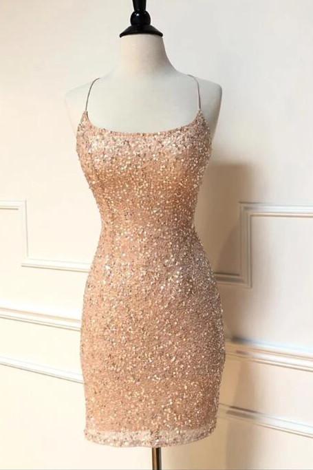 Sparkle Straps Tight Peach Sequins Short Homecoming Dress Main image