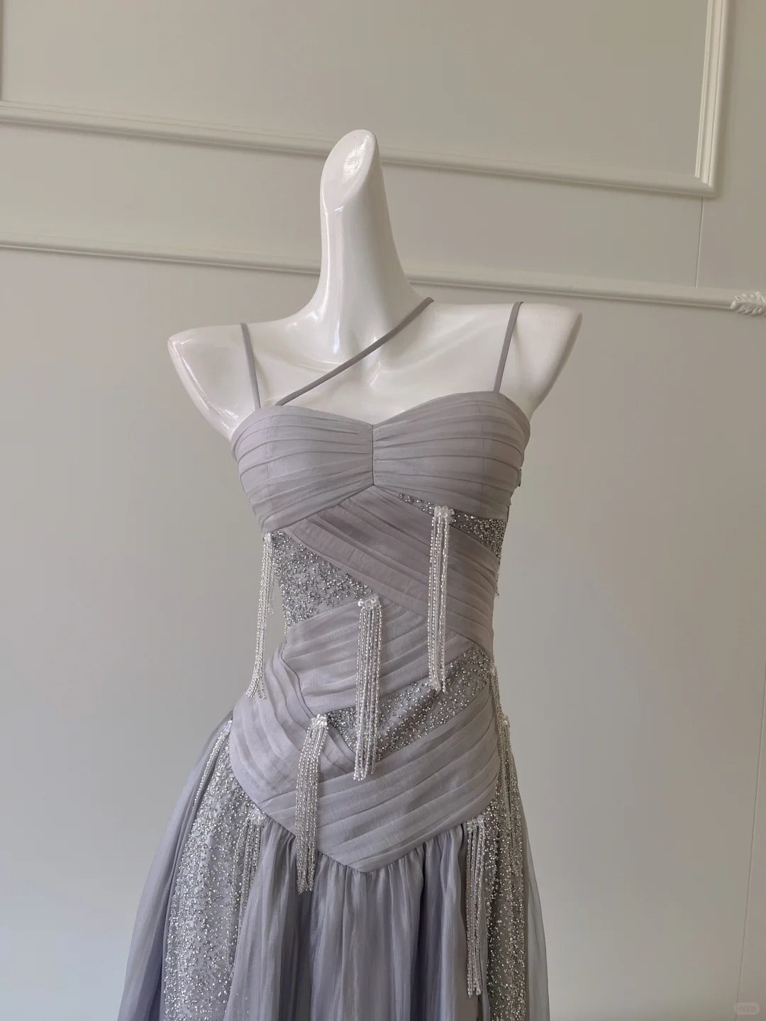 Sparkling A-Line Strap Sequined Tassel Tulle Long Prom Dress Evening Dress