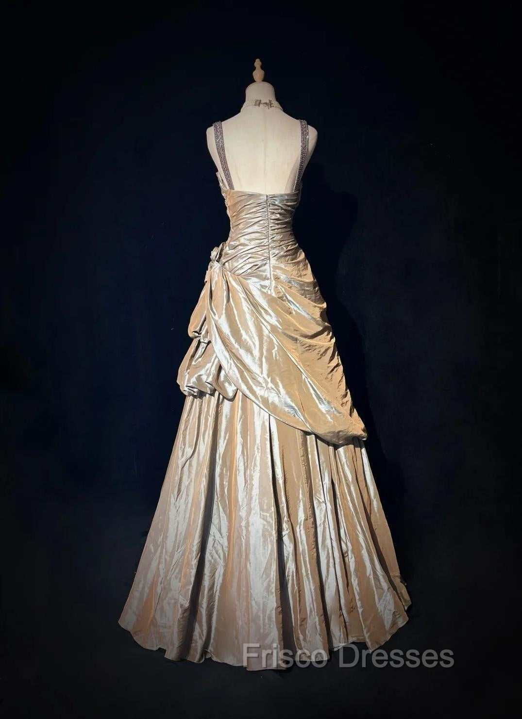 Sparkling A-Line V-Neck Satin Backless Long Formal Prom Dress Formal Evening Dress Graduation Formal Prom Dress