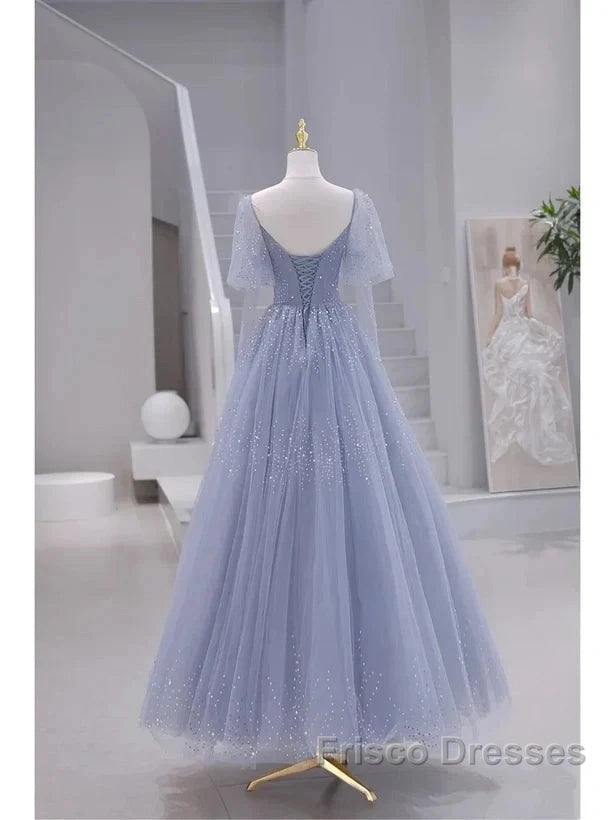 Sparkling Blue Short Sleeves Tulle Long Sweetheart Party Dress A-Line Blue Formal Prom Dress Secondary image
