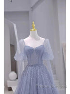 Sparkling Blue Short Sleeves Tulle Long Sweetheart Party Dress A-Line Blue Formal Prom Dress