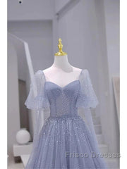 Sparkling Blue Short Sleeves Tulle Long Sweetheart Party Dress A-Line Blue Formal Prom Dress