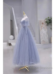 Sparkling Blue Short Sleeves Tulle Long Sweetheart Party Dress A-Line Blue Formal Prom Dress