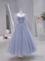 Sparkling Blue Short Sleeves Tulle Long Sweetheart Party Dress A-Line Blue Formal Prom Dress