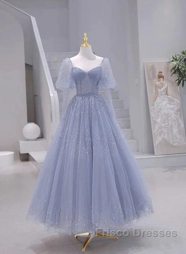 Sparkling Blue Short Sleeves Tulle Long Sweetheart Party Dress A-Line Blue Formal Prom Dress