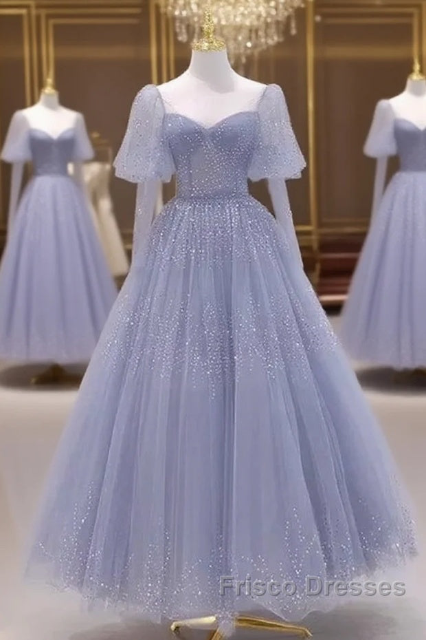 Sparkling Blue Short Sleeves Tulle Long Sweetheart Party Dress A-Line Blue Formal Prom Dress Main image