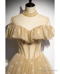 Sparkling Champagne Perspective High Neck Beaded Short Sleeved Ball Dress Champagne A-Line/Princess Sparkling Sheer Backless Strap And Floor Length Ruffled Edge Evening Dress