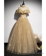 Sparkling Champagne Perspective High Neck Beaded Short Sleeved Ball Dress Champagne A-Line/Princess Sparkling Sheer Backless Strap And Floor Length Ruffled Edge Evening Dress
