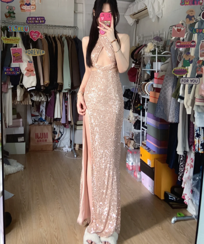 Sparkling Champagne Pink Halter Neck High Slit Sequined Long Prom Dress Evening Dress Secondary image