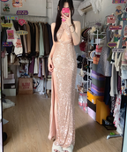 Sparkling Champagne Pink Halter Neck High Slit Sequined Long Prom Dress Evening Dress