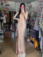 Sparkling Champagne Pink Halter Neck High Slit Sequined Long Prom Dress Evening Dress