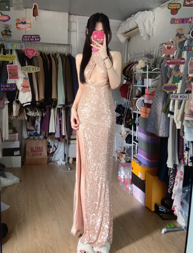 Sparkling Champagne Pink Halter Neck High Slit Sequined Long Prom Dress Evening Dress