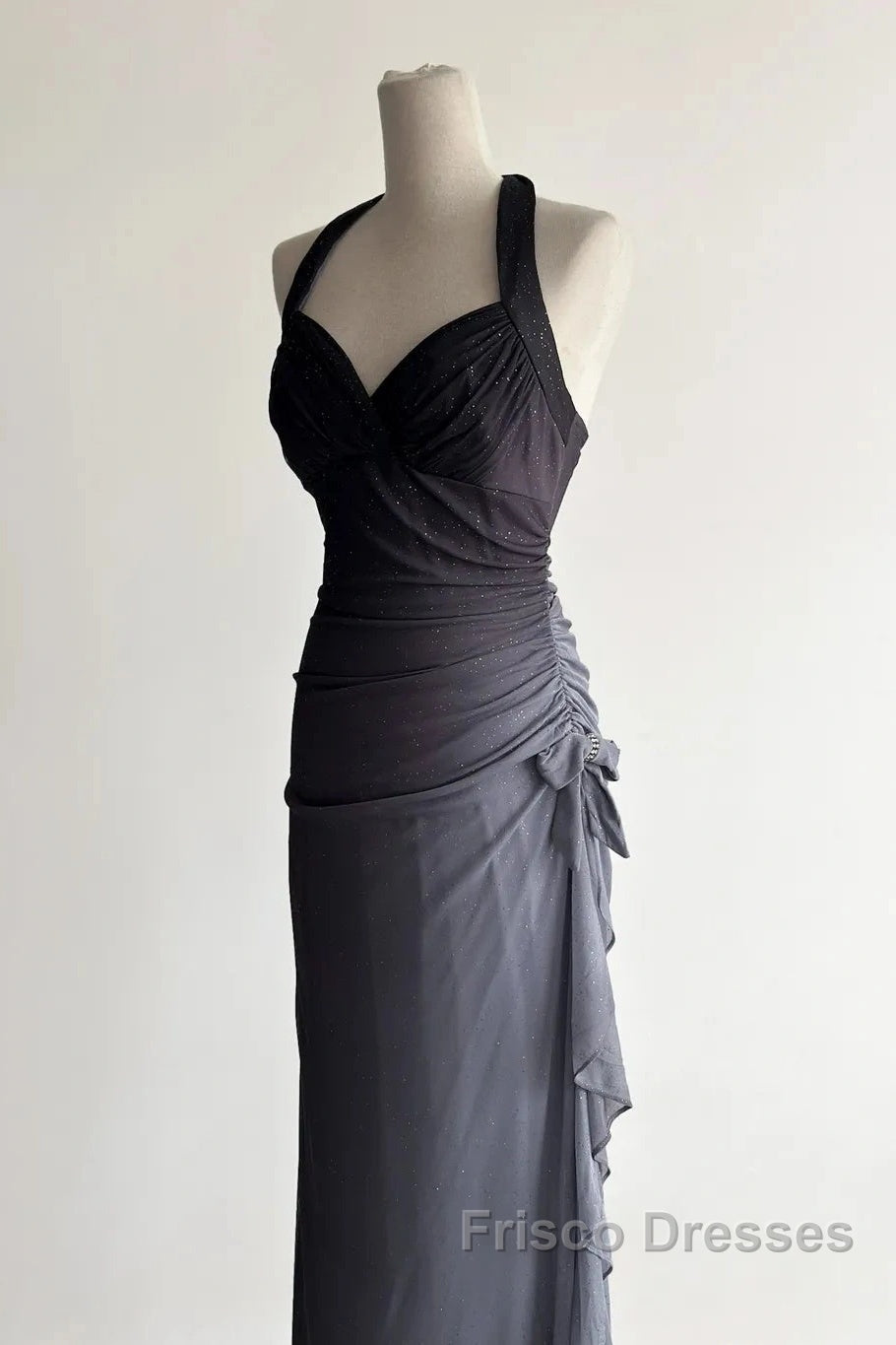 Sparkling Gradient Dark Gray Halter Neck Ruffle Sheath Formal Prom Dress Birthday Dress