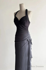 Sparkling Gradient Dark Gray Halter Neck Ruffle Sheath Prom Dress Birthday Dress