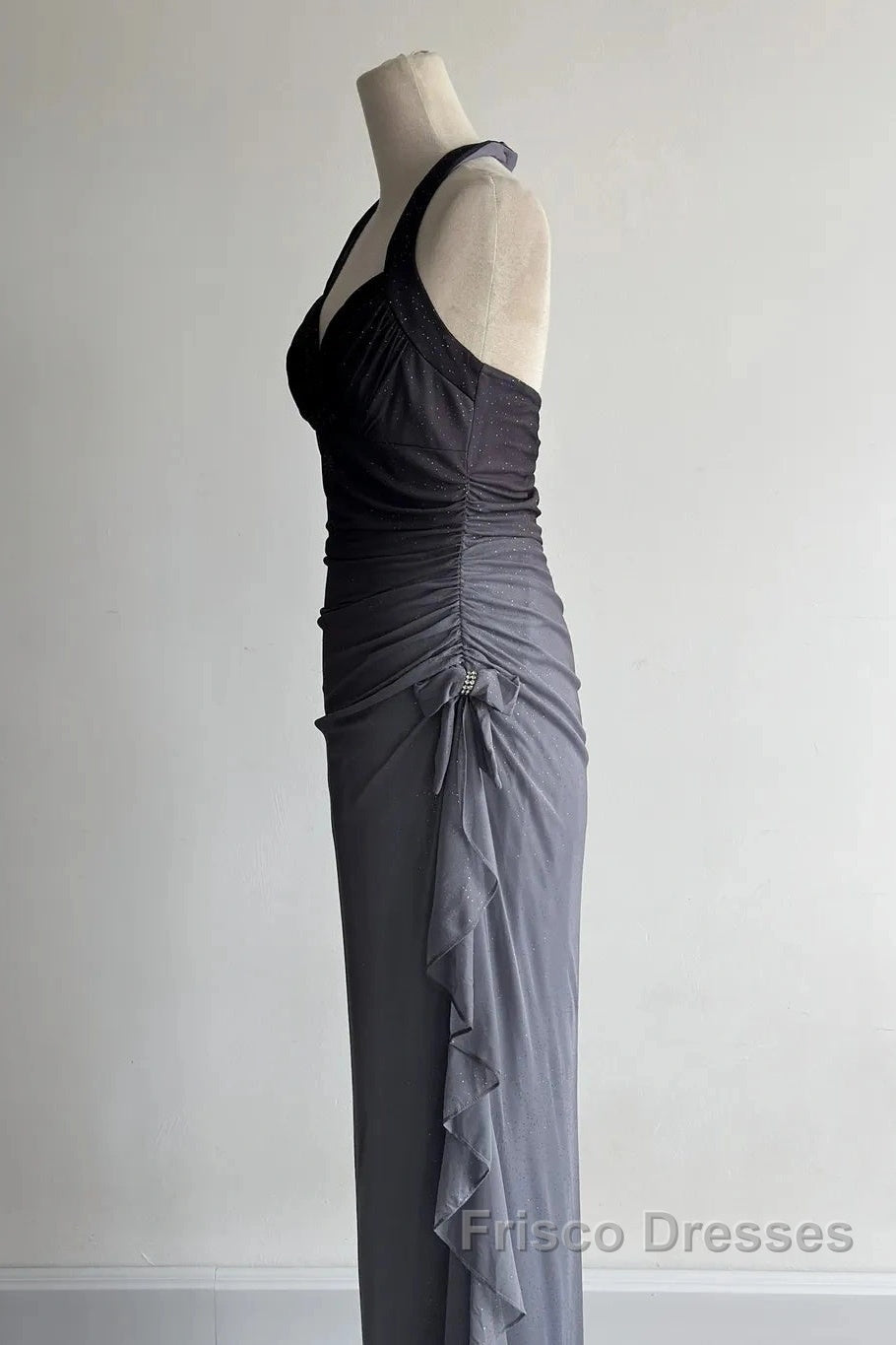 Sparkling Gradient Dark Gray Halter Neck Ruffle Sheath Formal Prom Dress Birthday Dress