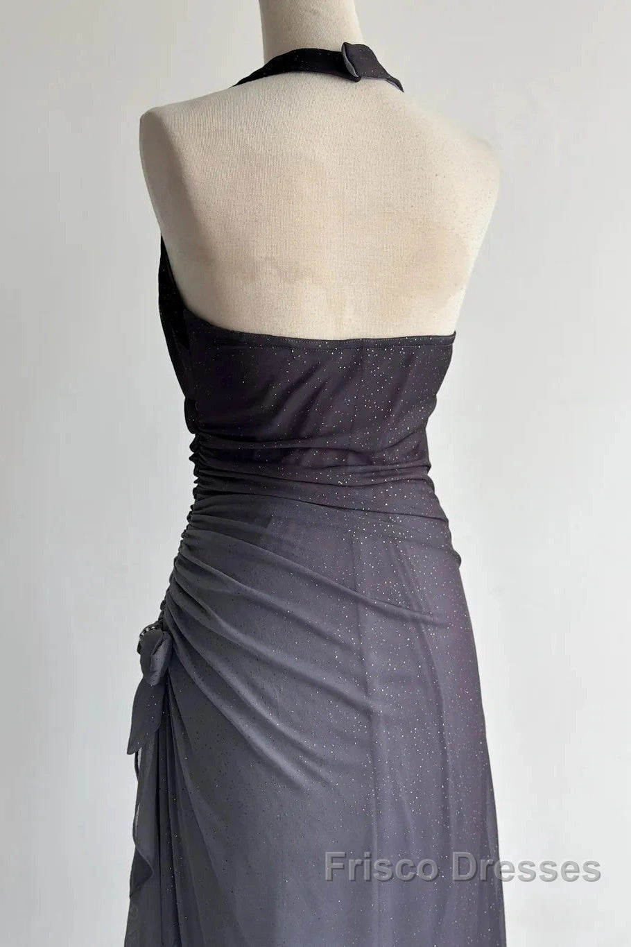 Sparkling Gradient Dark Gray Halter Neck Ruffle Sheath Formal Prom Dress Birthday Dress