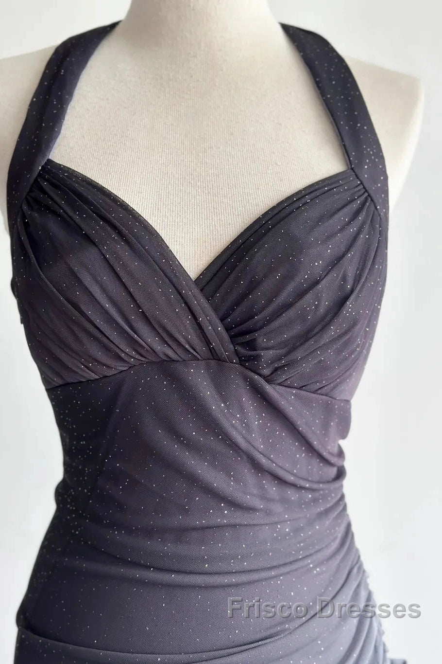 Sparkling Gradient Dark Gray Halter Neck Ruffle Sheath Formal Prom Dress Birthday Dress