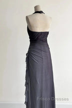 Sparkling Gradient Dark Gray Halter Neck Ruffle Sheath Formal Prom Dress Birthday Dress