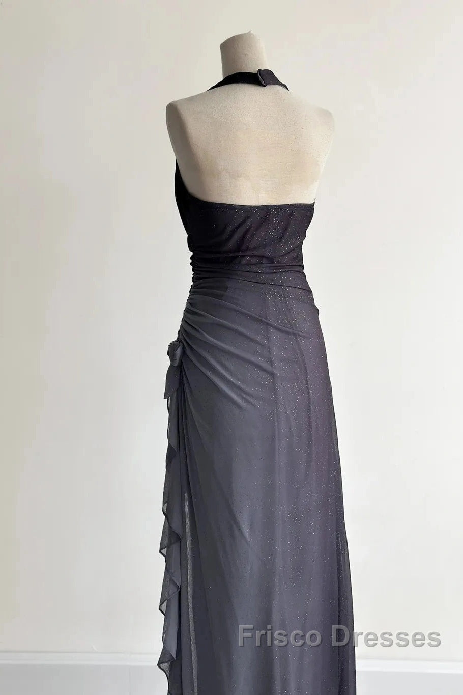 Sparkling Gradient Dark Gray Halter Neck Ruffle Sheath Formal Prom Dress Birthday Dress