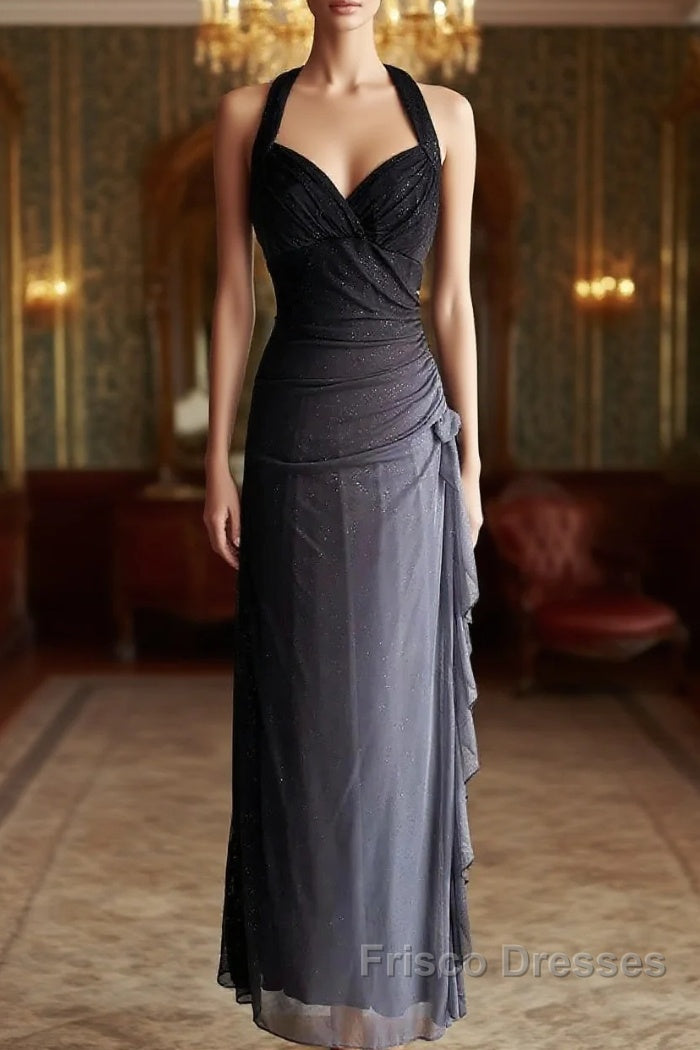 Sparkling Gradient Dark Gray Halter Neck Ruffle Sheath Formal Prom Dress Birthday Dress