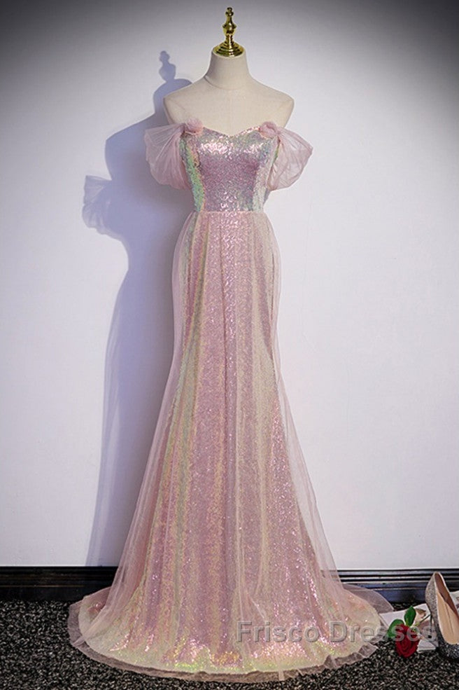 Sparkling Powder Blusher Pink Sequins Off Shoulder Short Sleeve Evening Dress Powder Blusher Pink Trumpet/Mermaid Open Back Zipper Sweep Tail Formal Prom Dress Secondary image