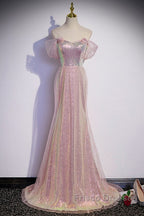 Sparkling Powder Blusher Pink Sequins Off Shoulder Short Sleeve Evening Dress Powder Blusher Pink Trumpet/Mermaid Open Back Zipper Sweep Tail Formal Prom Dress