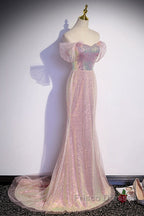 Sparkling Powder Blusher Pink Sequins Off Shoulder Short Sleeve Evening Dress Powder Blusher Pink Trumpet/Mermaid Open Back Zipper Sweep Tail Formal Prom Dress