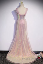 Sparkling Powder Blusher Pink Sequins Off Shoulder Short Sleeve Evening Dress Powder Blusher Pink Trumpet/Mermaid Open Back Zipper Sweep Tail Formal Prom Dress