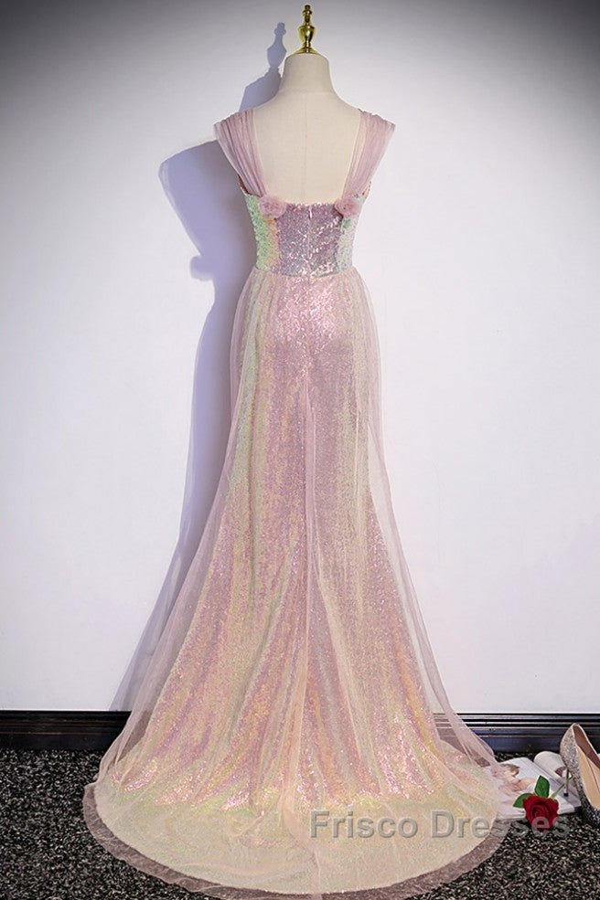 Sparkling Powder Blusher Pink Sequins Off Shoulder Short Sleeve Evening Dress Powder Blusher Pink Trumpet/Mermaid Open Back Zipper Sweep Tail Formal Prom Dress