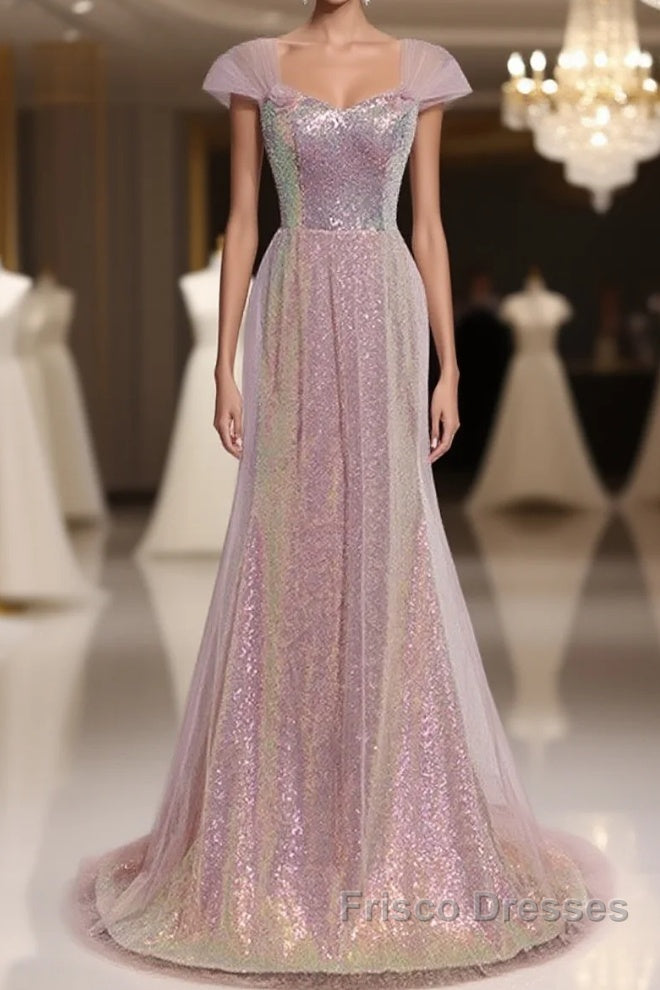 Sparkling Powder Blusher Pink Sequins Off Shoulder Short Sleeve Evening Dress Powder Blusher Pink Trumpet/Mermaid Open Back Zipper Sweep Tail Formal Prom Dress Main image