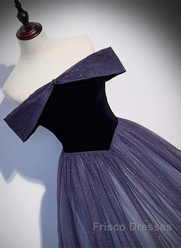 Sparkling Purple Gradient Tulle Off Shoulder A-Line Purple Evening Dress Formal Prom Dress