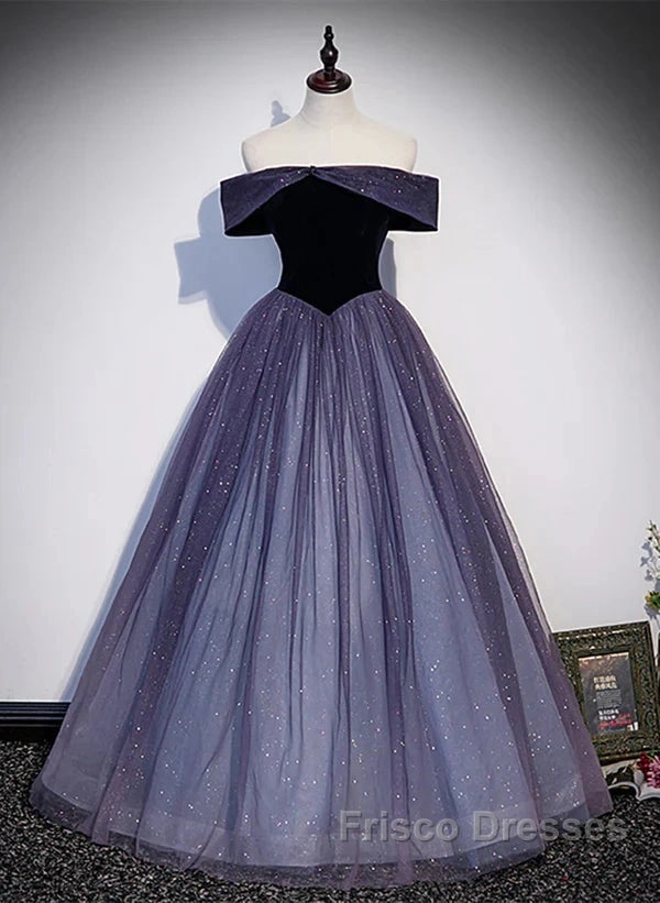 Sparkling Purple Gradient Tulle Off Shoulder A-Line Purple Evening Dress Formal Prom Dress
