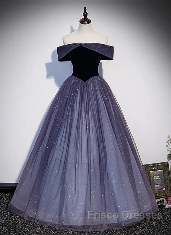 Sparkling Purple Gradient Tulle Off Shoulder A-Line Purple Evening Dress Formal Prom Dress Elegant