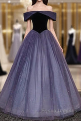 Sparkling Purple Gradient Tulle Off Shoulder A-Line Purple Evening Dress Formal Prom Dress Elegant