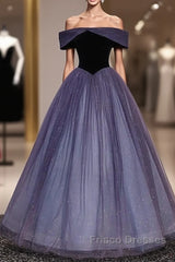 Sparkling Purple Gradient Tulle Off Shoulder A-Line Purple Evening Dress Formal Prom Dress