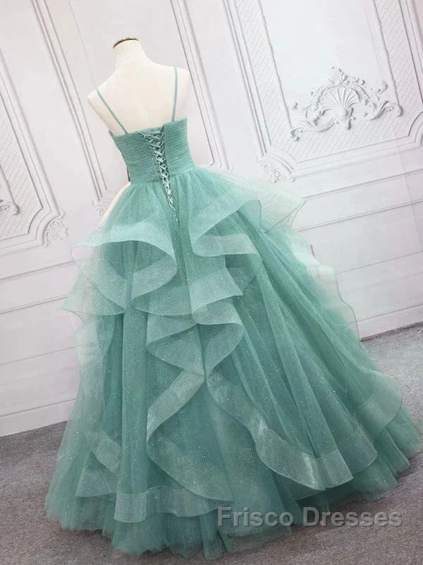 Sparkling Quinceanera Dress V Neck Tulle Long Formal Prom Dress Green Sweet Dress Floor Length