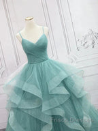 Sparkling Quinceanera Dress V Neck Tulle Long Formal Prom Dress Green Sweet Dress Floor Length