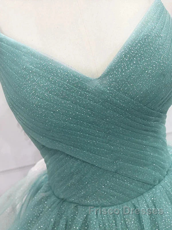 Sparkling Quinceanera Dress V Neck Tulle Long Formal Prom Dress Green Sweet Dress Floor Length