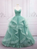 Sparkling Quinceanera Dress V Neck Tulle Long Formal Prom Dress Green Sweet Dress Floor Length